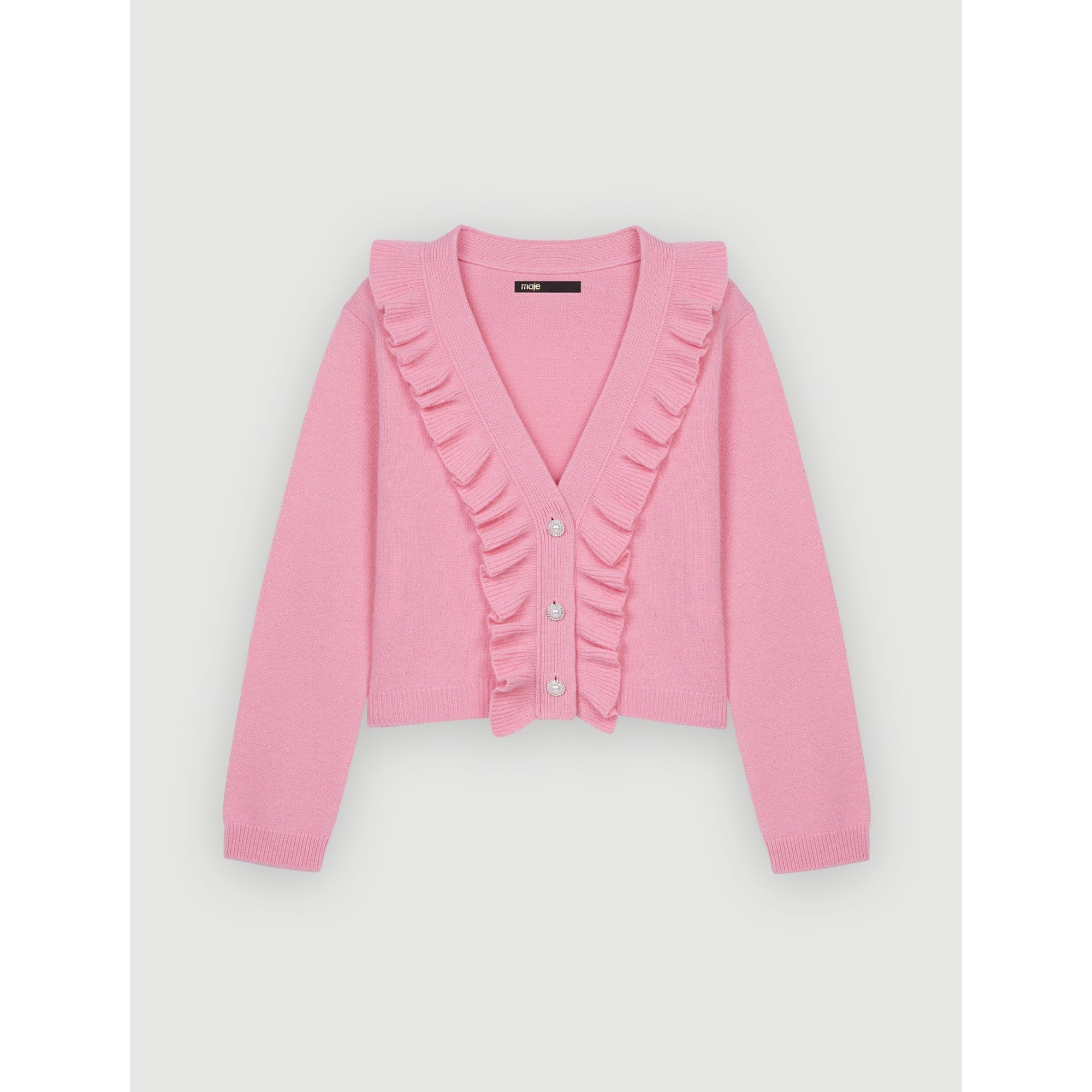 Women Ruffled Cardigan With Pearl Buttons - Pink