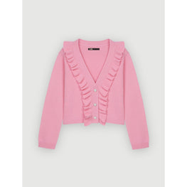 Women Ruffled Cardigan With Pearl Buttons - Pink