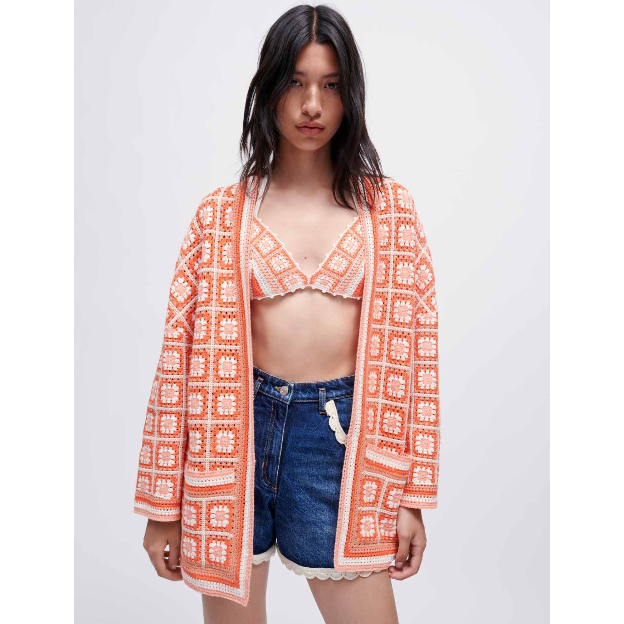 Women Fringed Crochet Cardigan - Orange