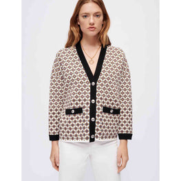 Women Jacquard Cardigan, Contrasting Details - Tiles Ecru Background