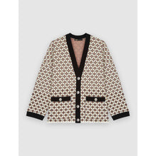 Women Jacquard Cardigan, Contrasting Details - Tiles Ecru Background