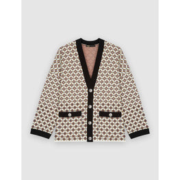 Women Jacquard Cardigan, Contrasting Details - Tiles Ecru Background