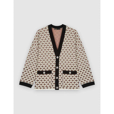 Women Jacquard Cardigan, Contrasting Details - Tiles Ecru Background