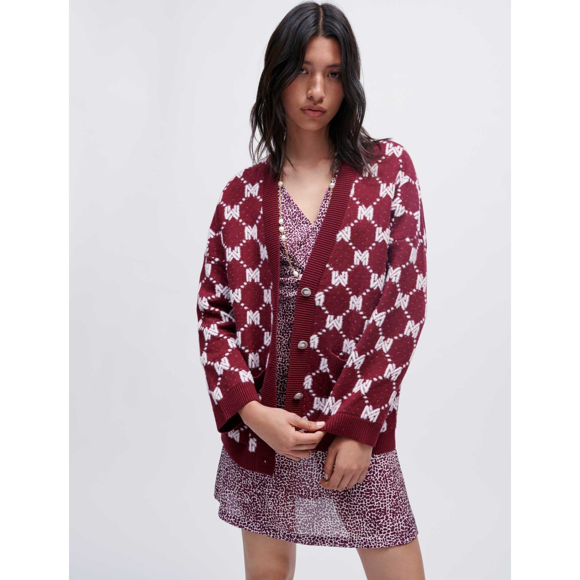 Women Maje Jacquard Knit Cardigan - Burgundy