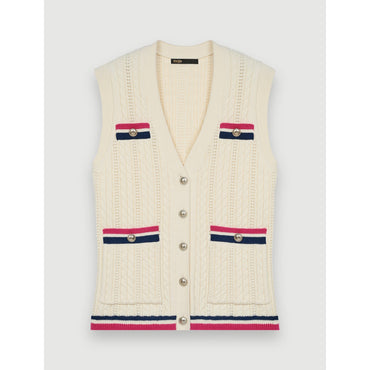 Women Sleeveless Braided Knit Cardigan - Ecru