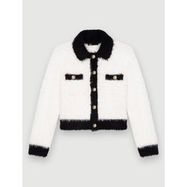 Women Contrasting Fluffy Knit Cardigan - Black / White