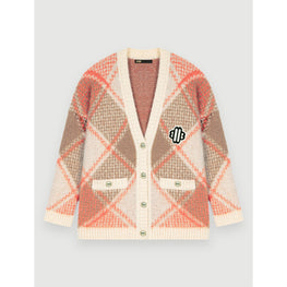 Women Fluffy Diamond Jacquard Cardigan - Orange