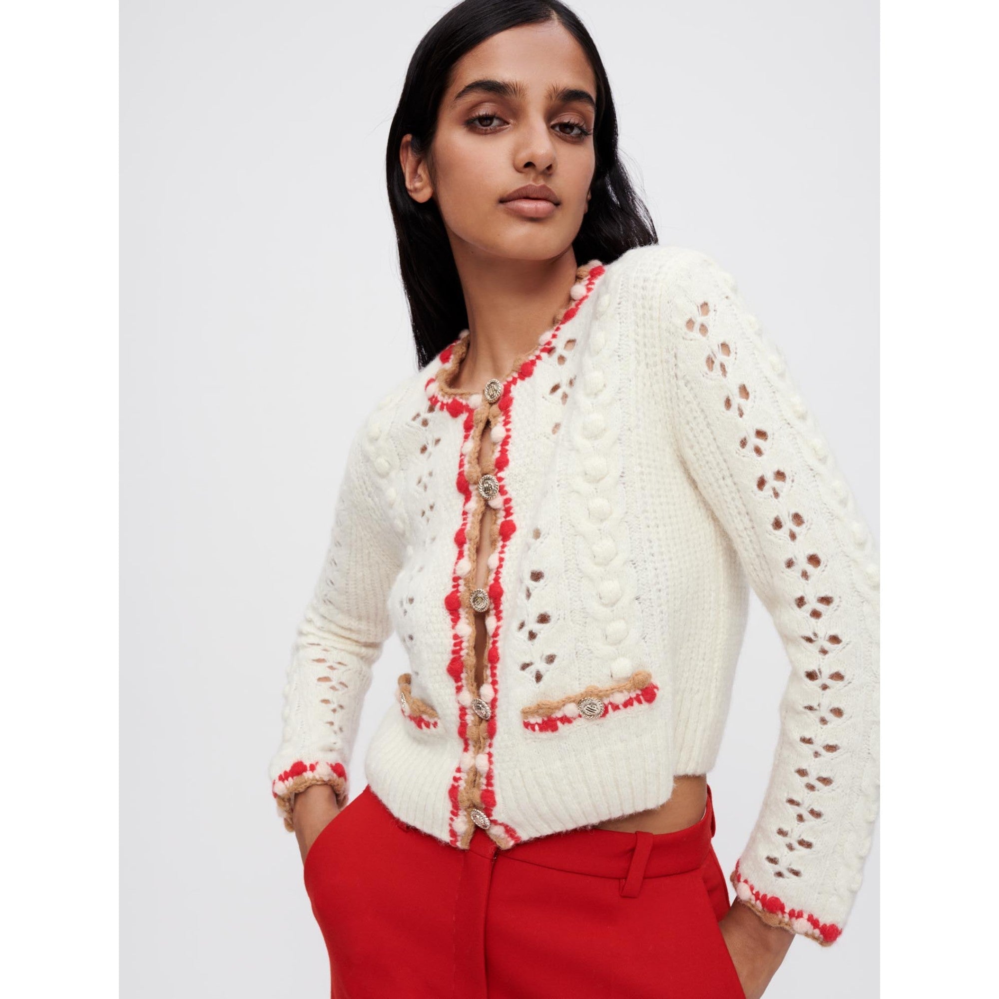 Women Cardigan In Openwork And Contrasting - Ecru