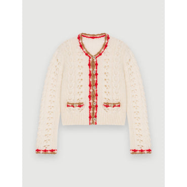 Women Cardigan In Openwork And Contrasting - Ecru