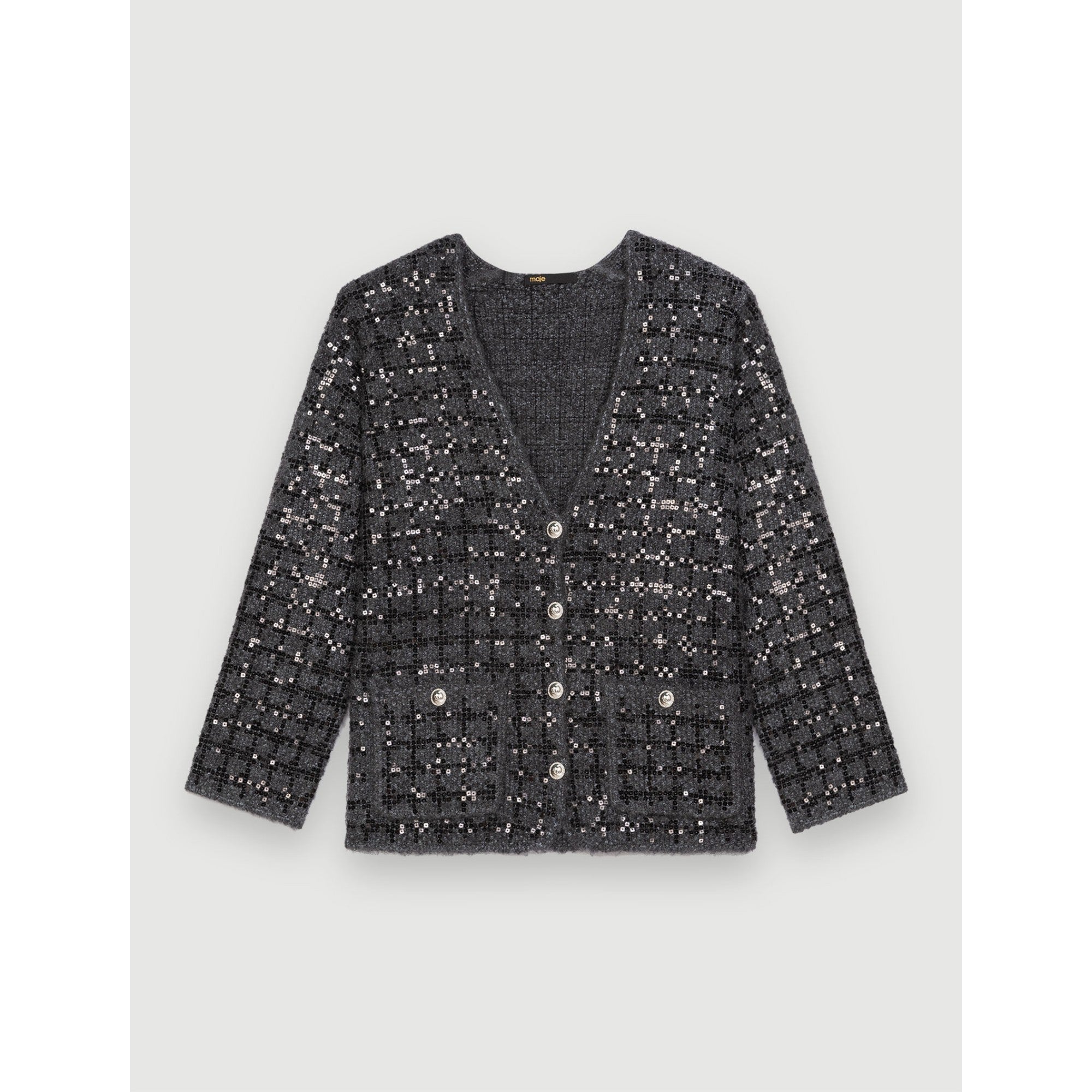 Women Sequinned Tweed-Effect Knit Cardigan - Grey