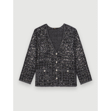 Women Sequinned Tweed-Effect Knit Cardigan - Grey