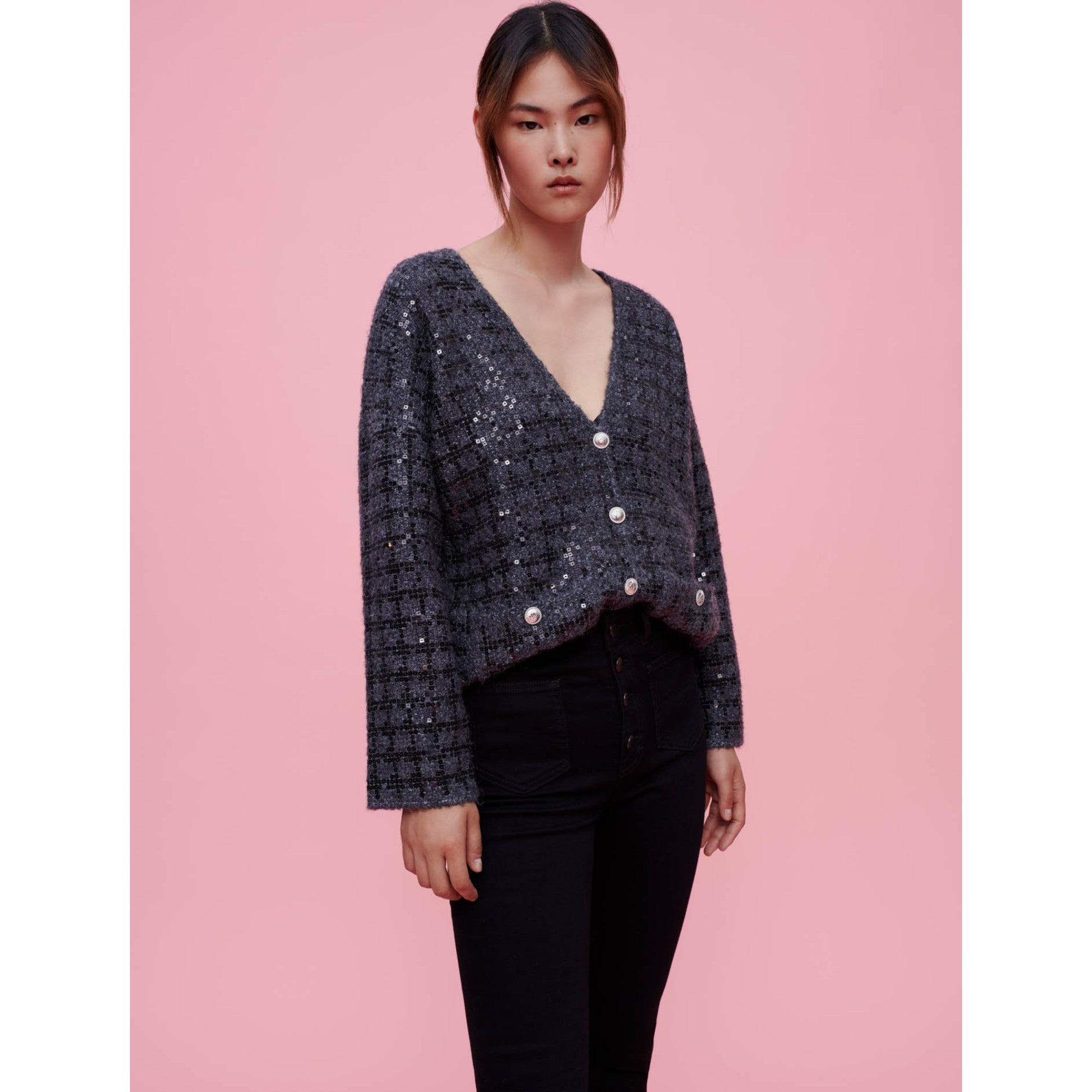 Women Sequinned Tweed-Effect Knit Cardigan - Grey