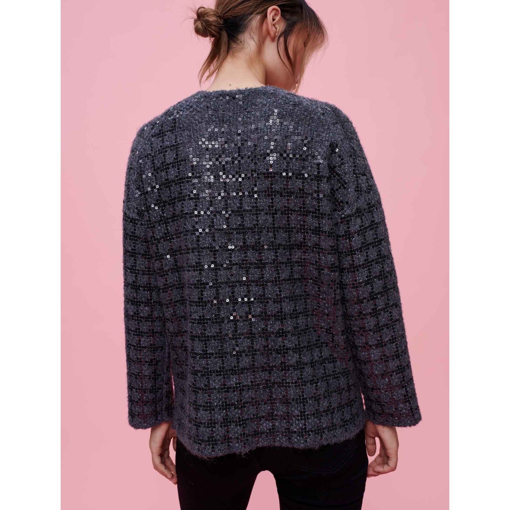 Women Sequinned Tweed-Effect Knit Cardigan - Grey