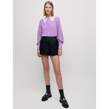 Women Bow Print Shirt With Guipure Collar - Purple Knots