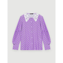 Women Bow Print Shirt With Guipure Collar - Purple Knots