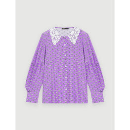 Women Bow Print Shirt With Guipure Collar - Purple Knots