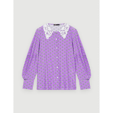 Women Bow Print Shirt With Guipure Collar - Purple Knots