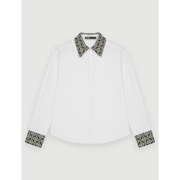 Women Poplin Shirt With Jacquard Collar - White