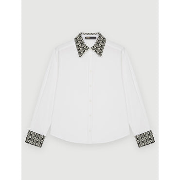 Women Poplin Shirt With Jacquard Collar - White