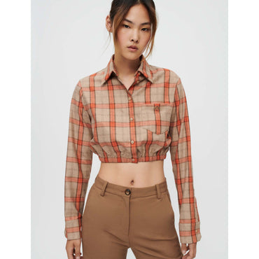 Women Camel And Orange Plaid Crop Shirt - Orange