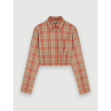 Women Camel And Orange Plaid Crop Shirt - Orange