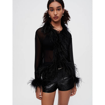 Women Transparent Voile Shirt With Feathers - Black