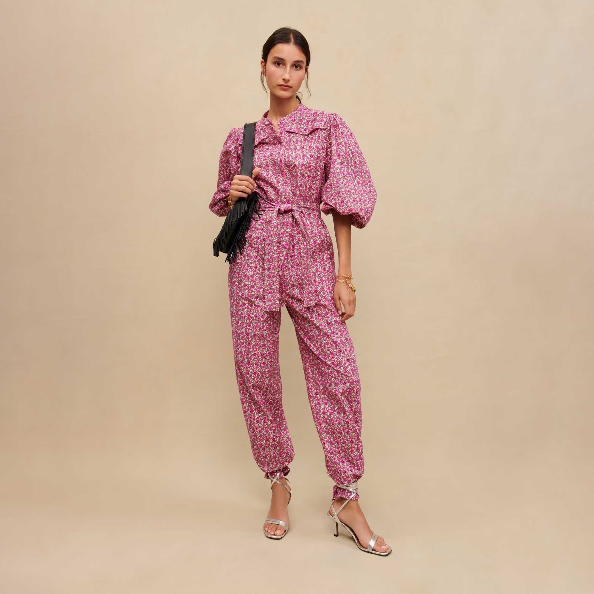 Women Floral Printed Jumpsuit - Fuchsia Embroderied Flowers