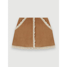 Women Suede Skirt With Crochet Trim - Camel