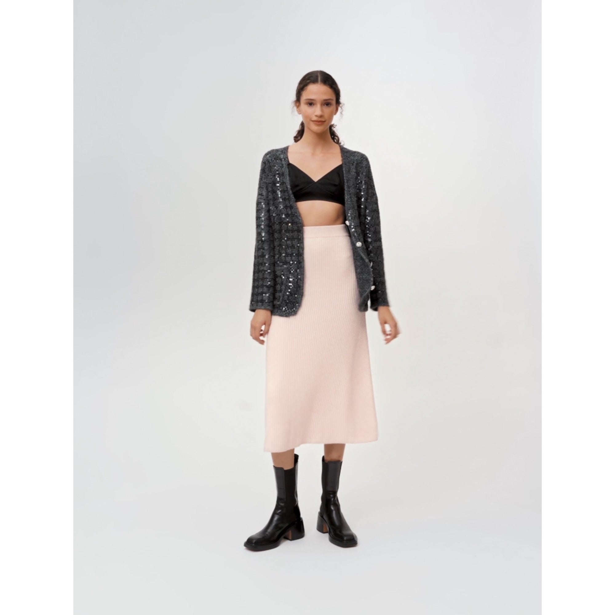 Women Ribbed Stretch-Knit Midi Skirt - Pale Pink