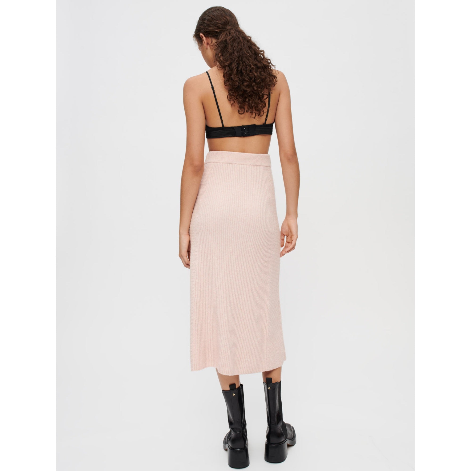 Women Ribbed Stretch-Knit Midi Skirt - Pale Pink