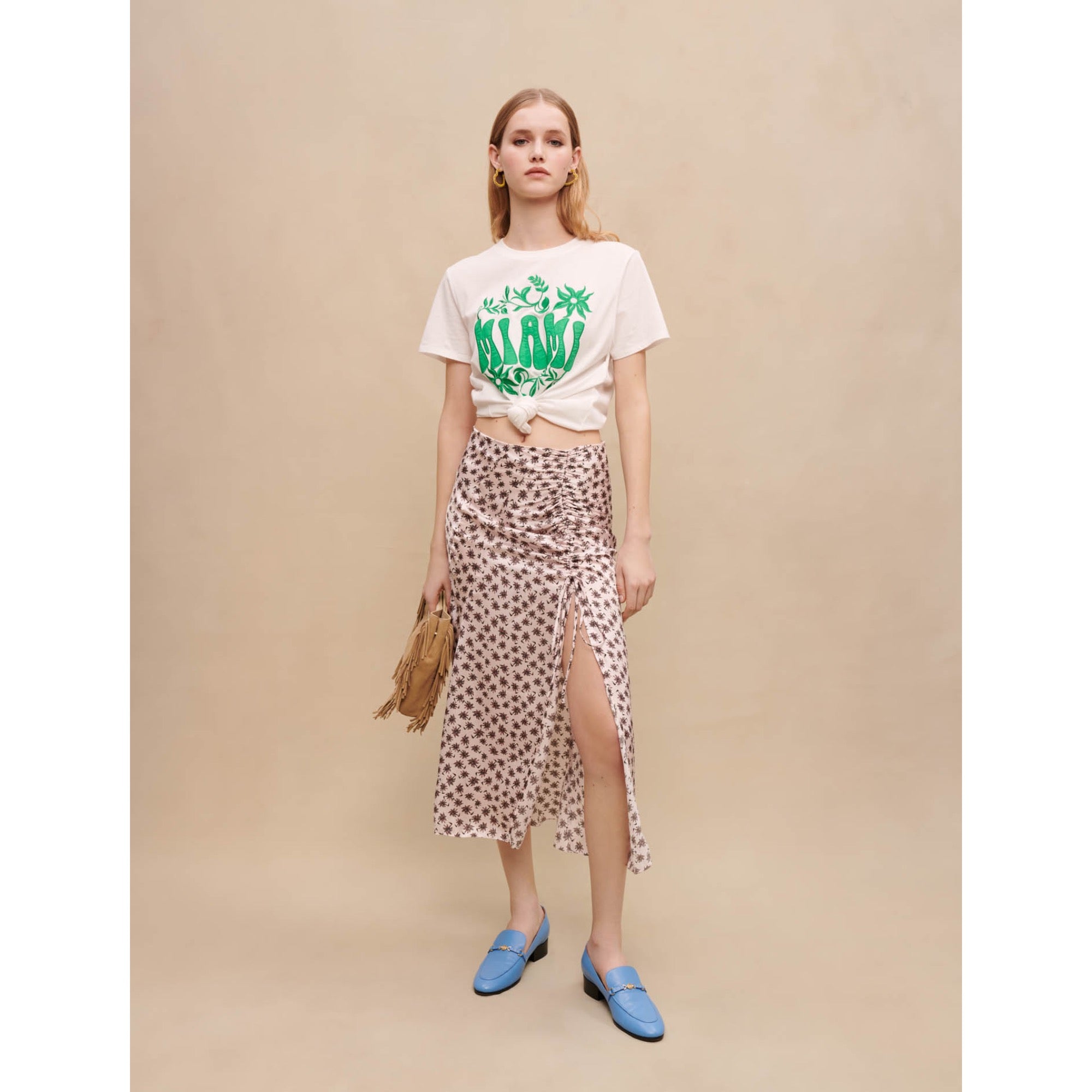 Women Slit Midi Skirt - Pink Mini Palm Tree