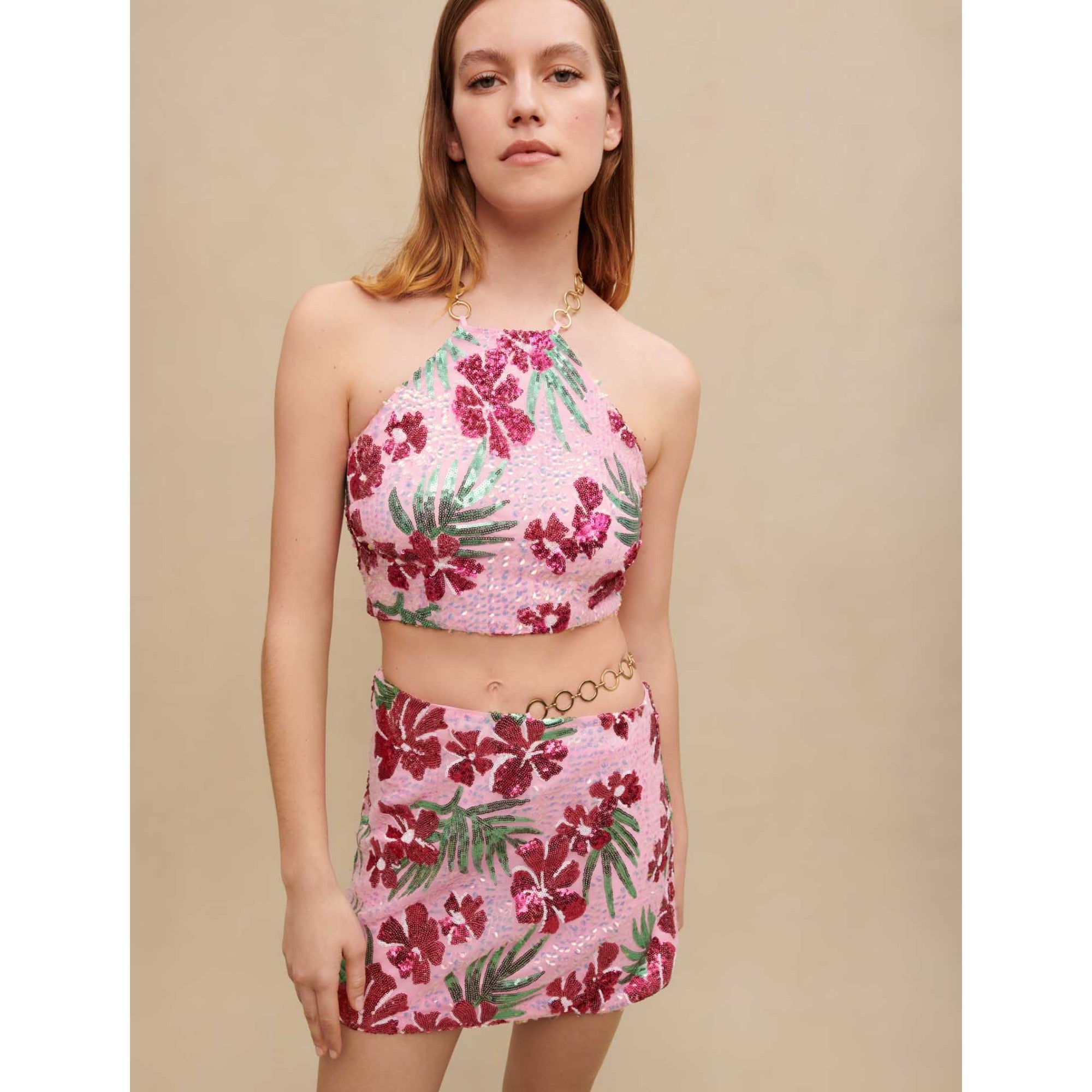 Women Short Skirt - Print Pink Hibiscus