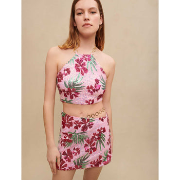 Women Short Skirt - Print Pink Hibiscus