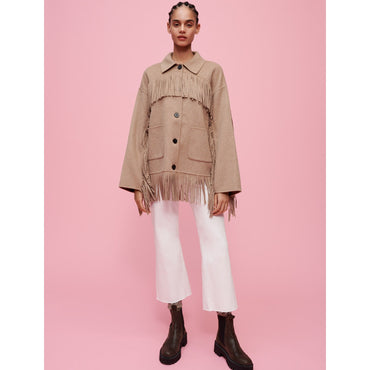 Women Double-Faced Coat With Fringing - Camel