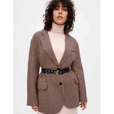 Women Oversized Houndstooth Coat - Brown