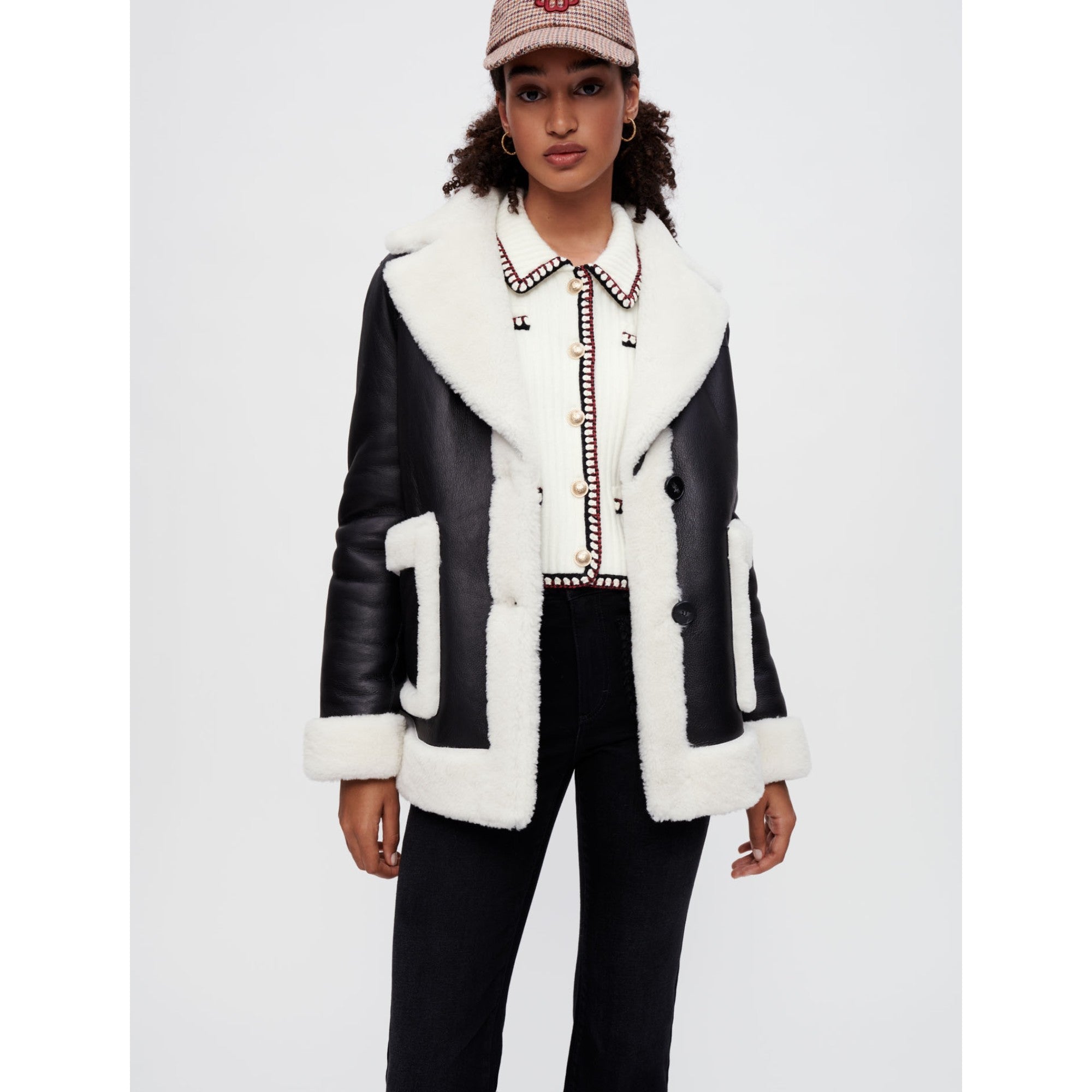 Women Two-Tone Shearling Coat - Black