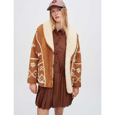 Women Fully Embroidered Shearling Coat - Camel