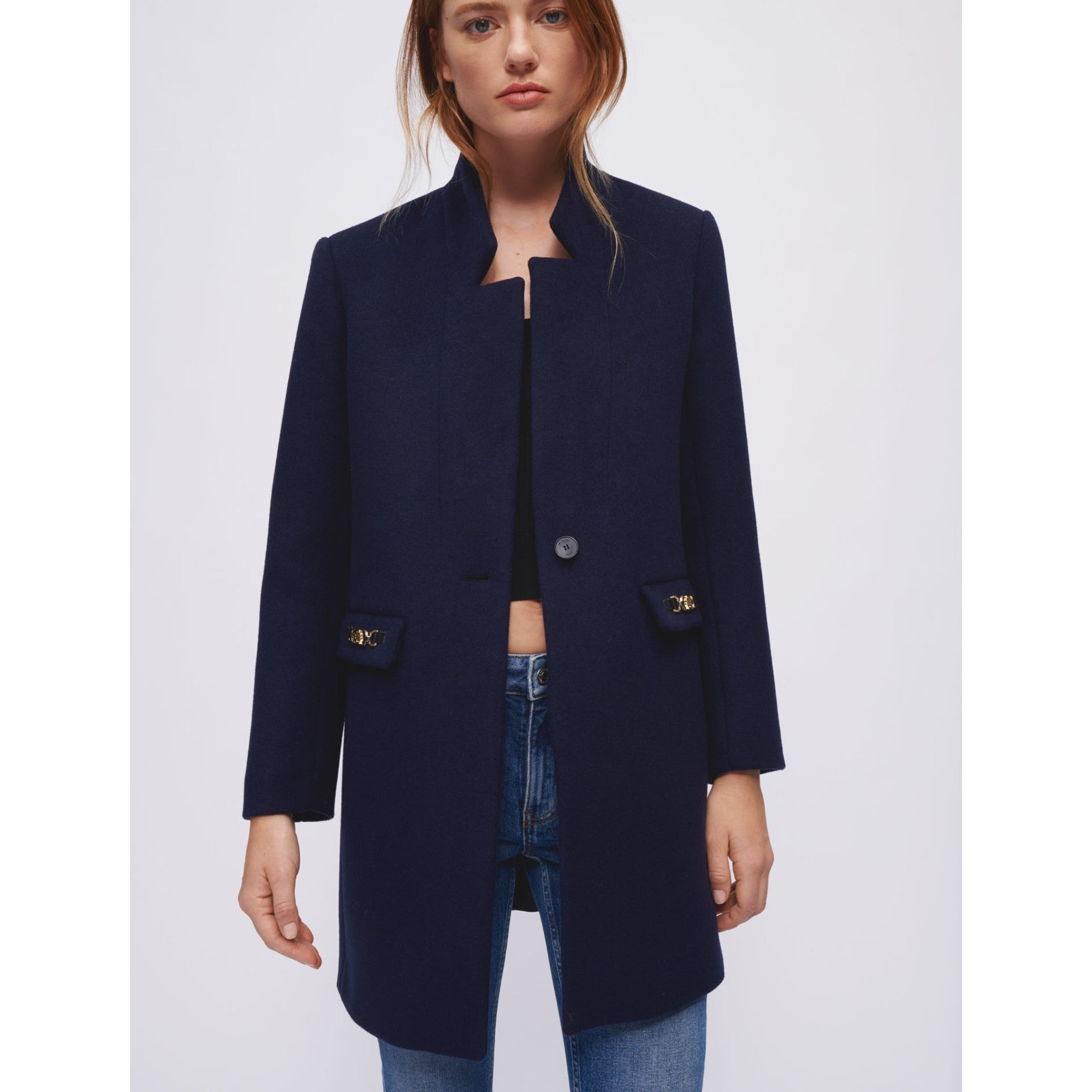 Women Fitted Coat With Horsebit Detail - Navy