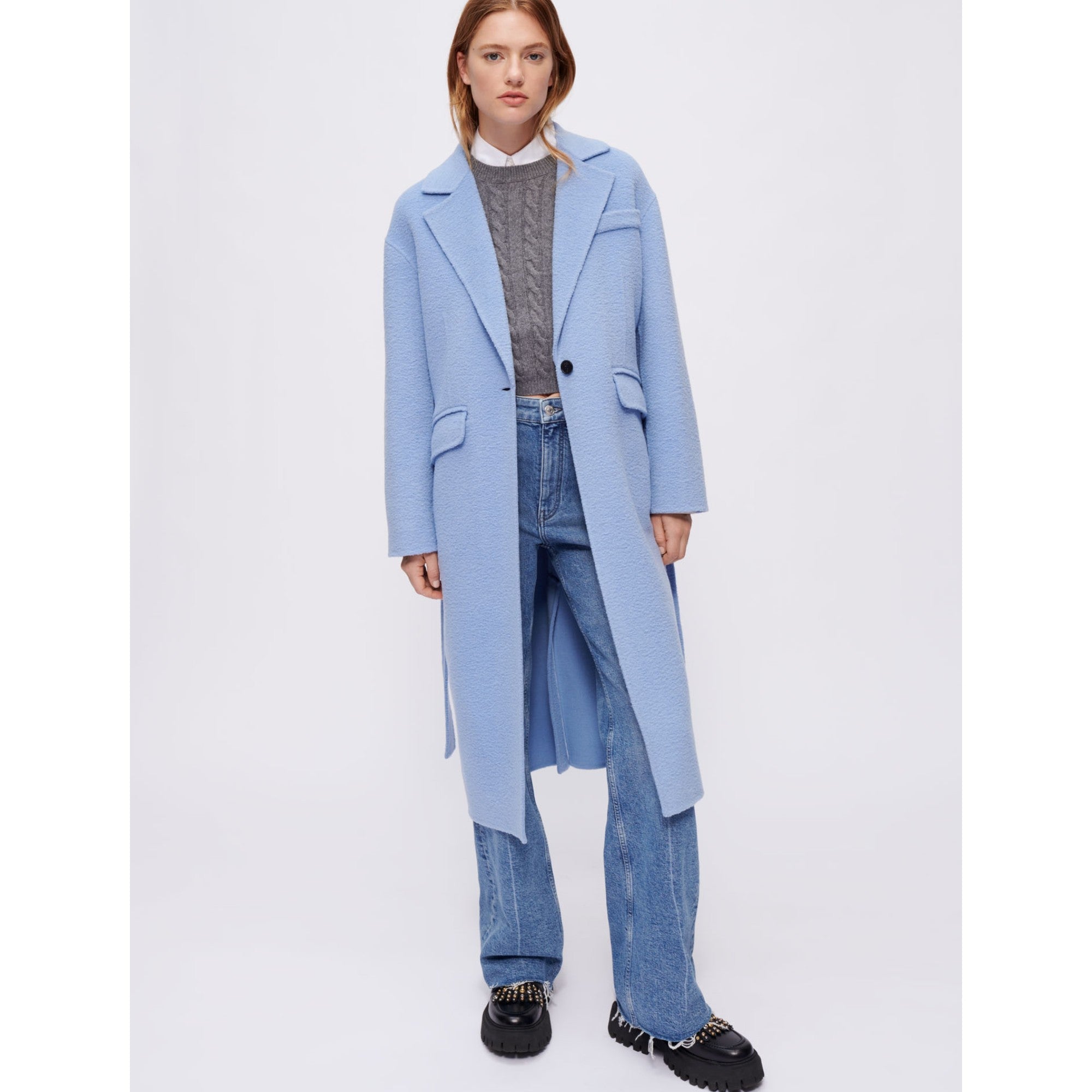 Women Blue Double-Breasted Coat - Light Blue