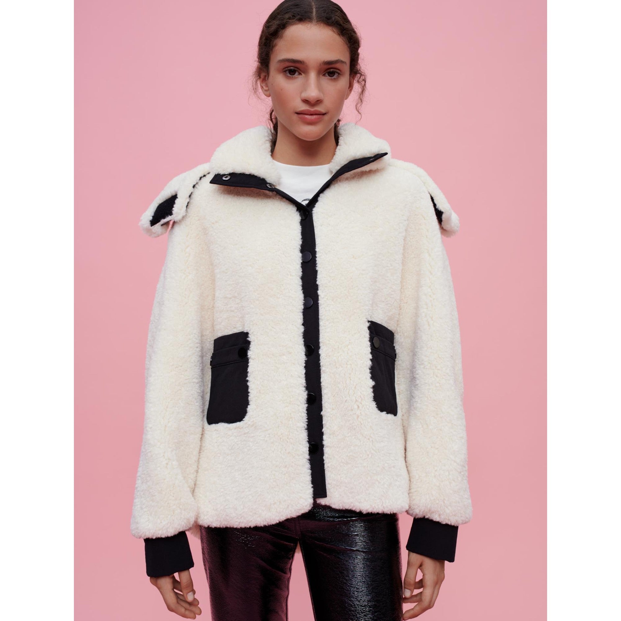 Women Faux Fur And Vinyl Coat - Ecru