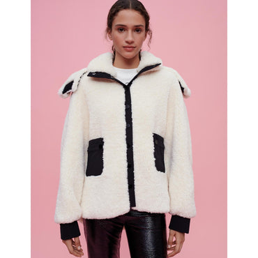 Women Faux Fur And Vinyl Coat - Ecru