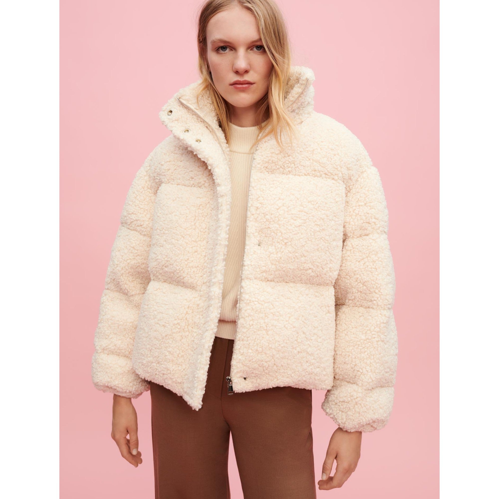 Women Ecru Faux Fur Down Jacket - Ecru