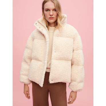 Women Ecru Faux Fur Down Jacket - Ecru