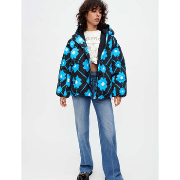 Women Flower Print Down Jacket - Black/Blue