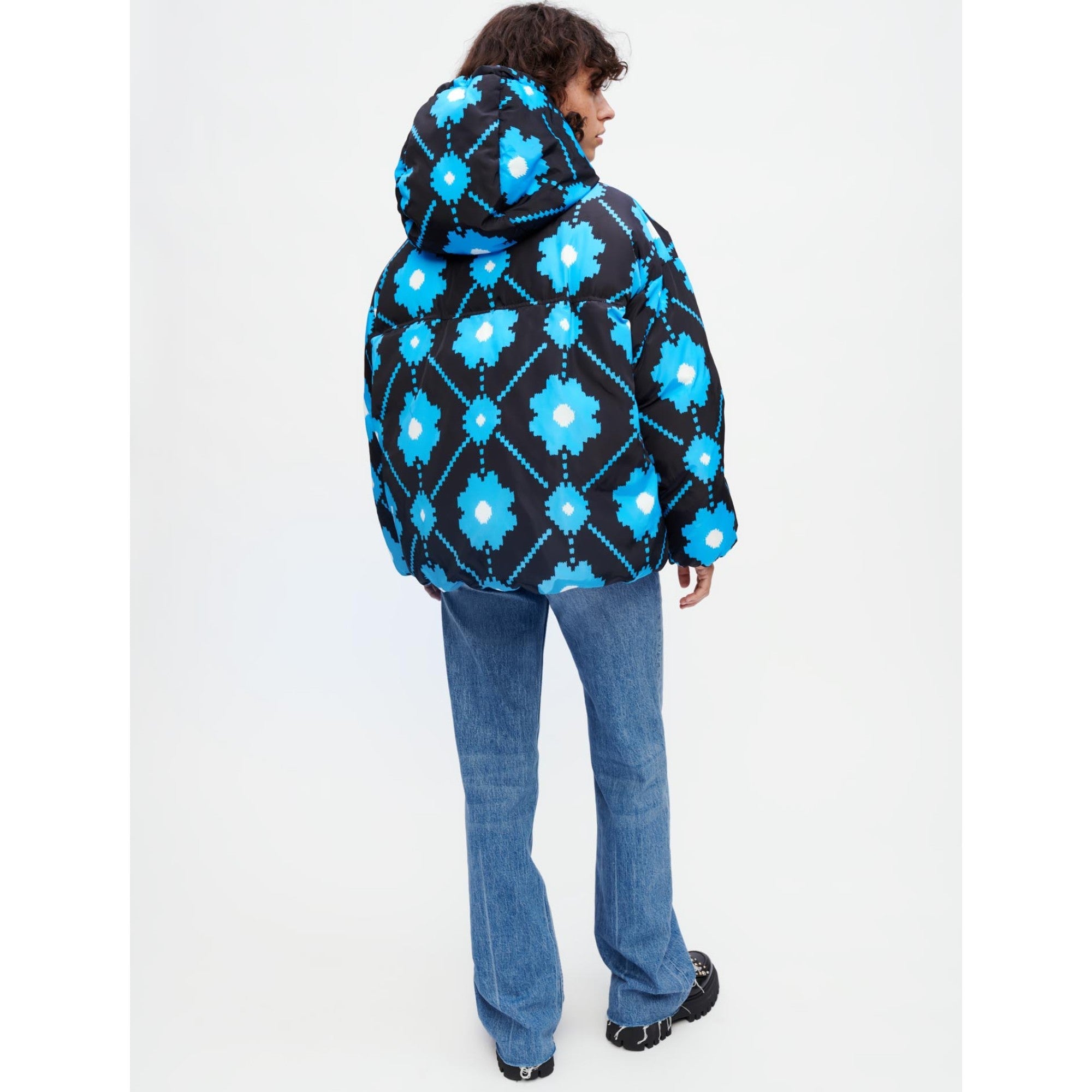 Women Flower Print Down Jacket - Black/Blue