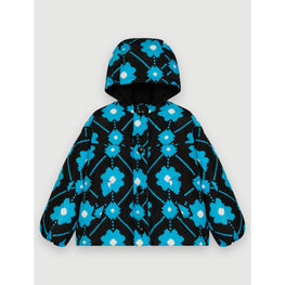 Women Flower Print Down Jacket - Black/Blue