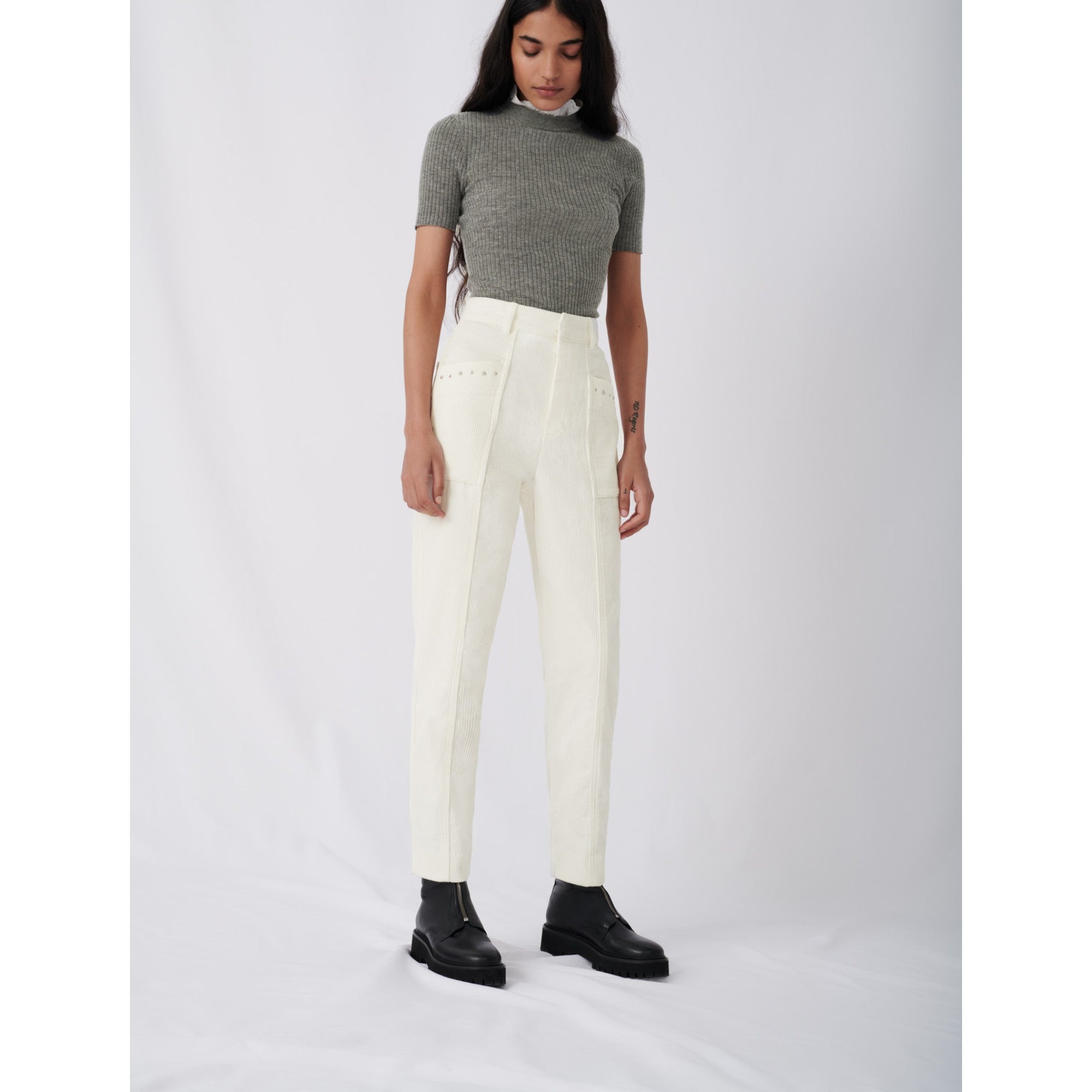 Women Corduroy Trousers With Studs  - Ecru