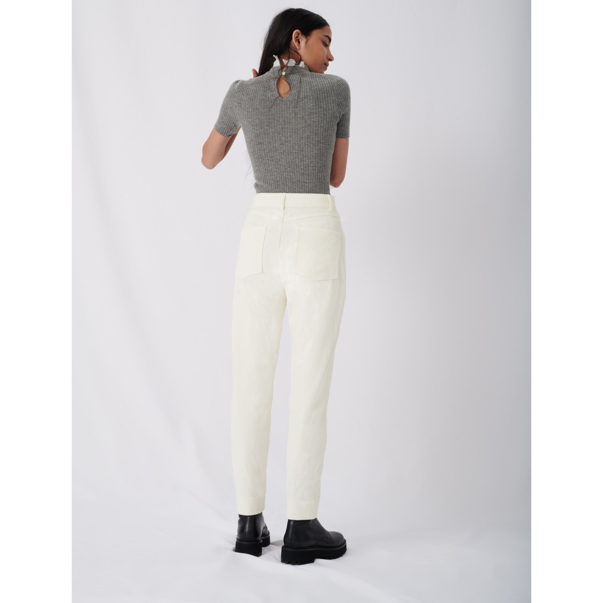 Women Corduroy Trousers With Studs  - Ecru