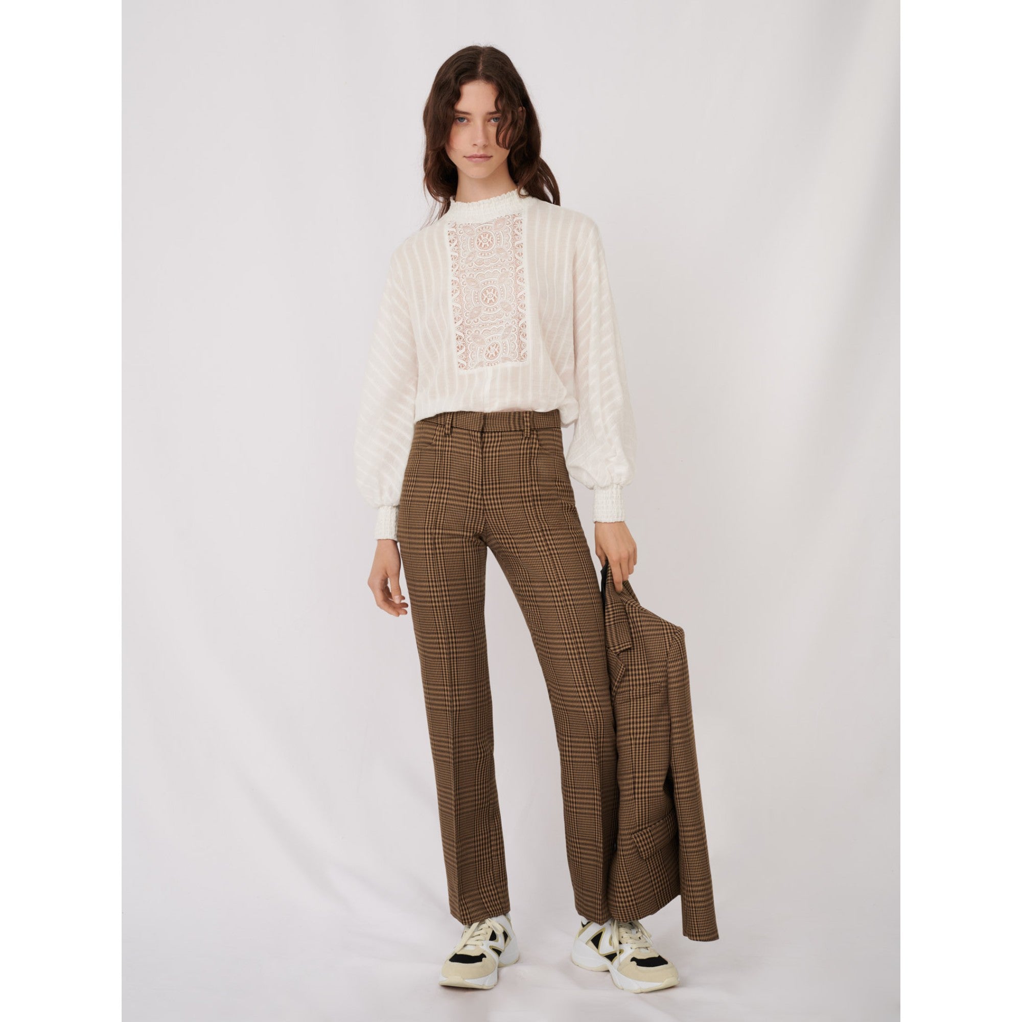 Women Straight Cut Checked Trousers - Brown