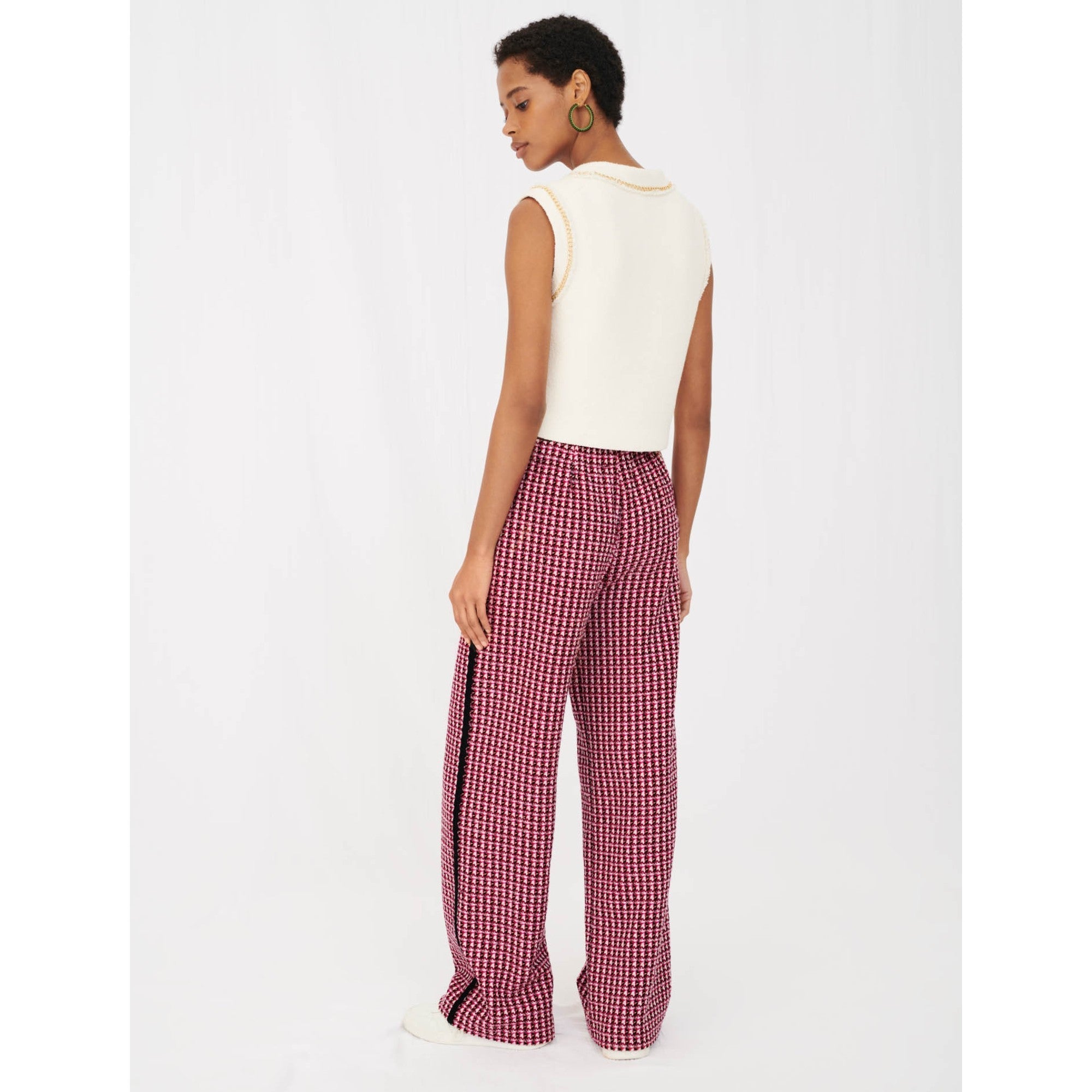 Women Wide Trousers In Contrast Tweed - Fuchsia